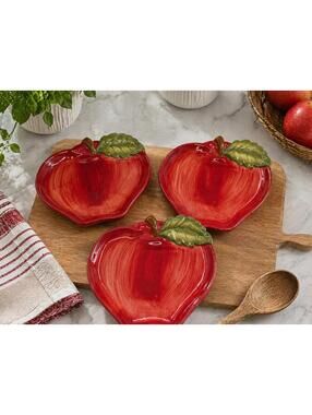 Set of 3 Red Ceramic Sur La Table Apple Shaped Dessert Plates